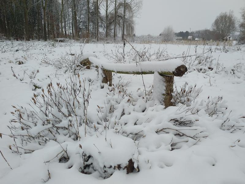 Zelfgemaakte houten bankje in de sneeuw. In de achtergrond zie je heel het terein onder een wit tapijt.